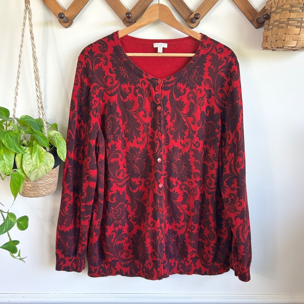 Talbots Woman Red Burgundy Damask Floral Cotton Button Front Cardigan Sweater 3X